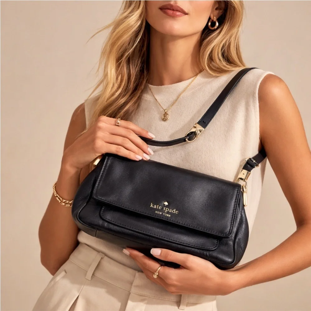 Kate Spade New York Black Leather Crossbody Shoulder Bag Designer Minimalistic